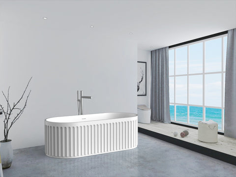Overta 67-inch Oval Modern Solid Surface Bathtub with Grooved Stripes in Matte Finish