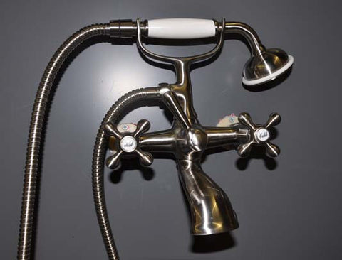 Ornate British Telephone Wall-Mount Faucet with Hand Shower in chrome finish from Still Waters Bath