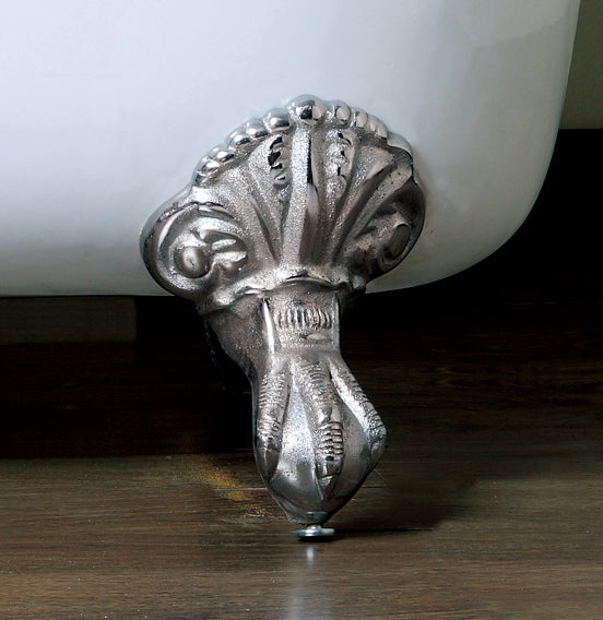 Close-up of brushed nickel claw foot from Still Waters Bath