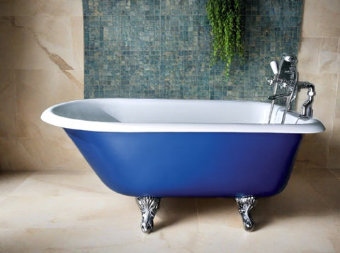 Erina 54-inch cast iron roll top bathtub painted blue with Deck-Mount faucet from Still Waters Bath