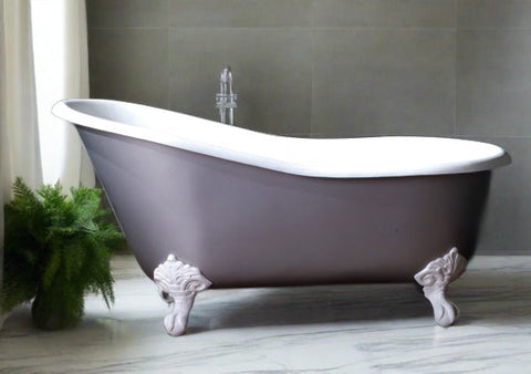 Imperial Sophia 58-inch Slipper Cast Iron Bathtub painted grey with white feet from Still Waters Bath
