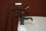 Oil-rubbed bronze faucet mounted to the deck of the Marci 61-inch cast iron bathtub